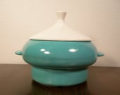 SALE MID CENTURY Soup Tureen Fondue Pot Chafing Dish- Teal and White Turquoise Tiffany Blue
