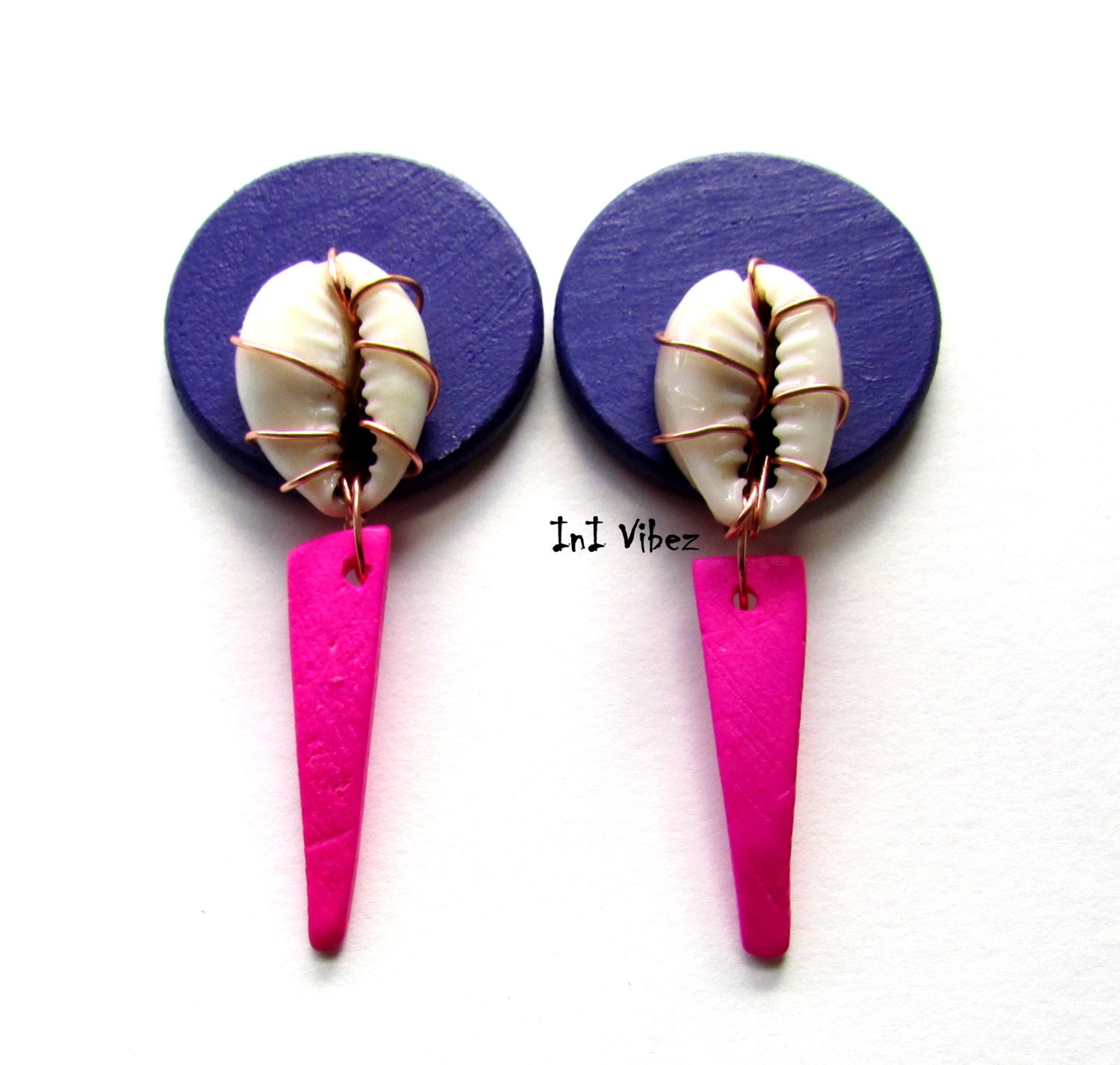 Purple. Handpainted. Wooden. Dangle. Copper Wire Wrapped. Cowrie Shell. Drop Earrings. with Spiked Coconut Shell Accent. Stud Earrings