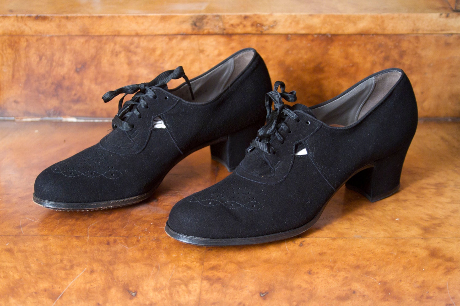 1930's Shoes // Black Suede Oxford Sz 8AA
