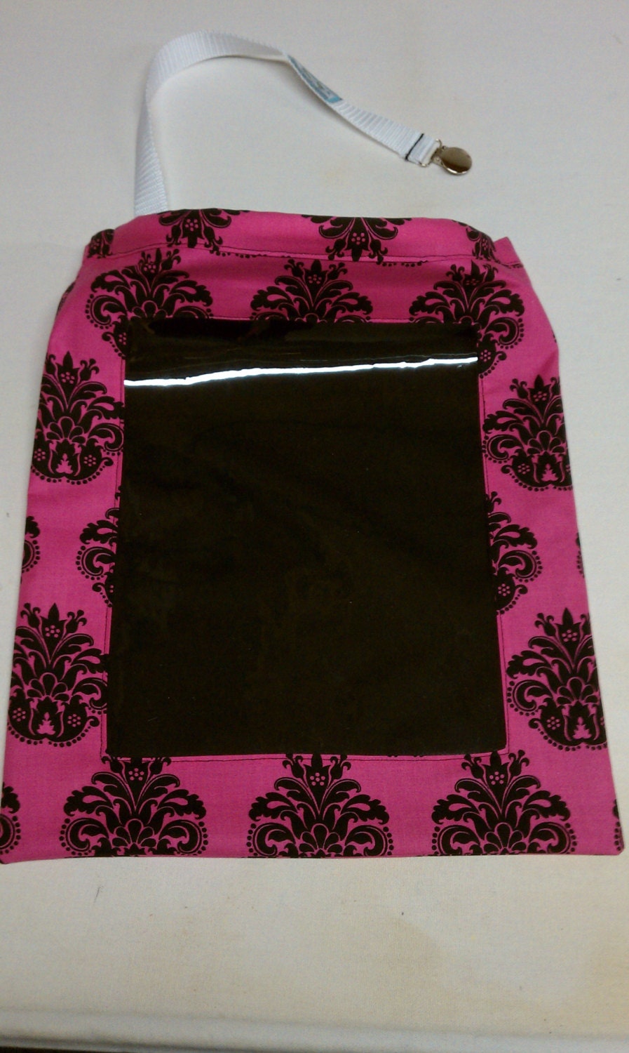 Black Damask on Hot Pink with Solid Black - Easy Find REVERSIBLE Car Storage Bag