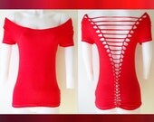 Womens / Juniors Blank Red Top Cut Shirt Series Off Shoulder Size Small, Medium, Large, XL, 2XL, 3XL Shredded T