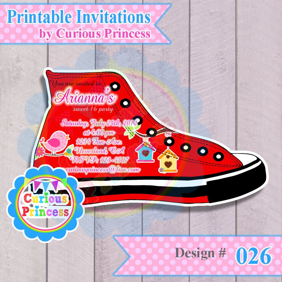 026 converse shoe shaped invitations CUSTOM made digital PRINTABLE file invitation sweet 16 15 quinceañera birthday party