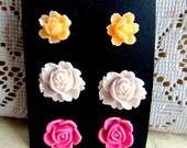 Floral Earrings Set Flower Earring Set Floral Stud Post Earrings Set Floral Studs Lot of 3 Peach Pink Lilac Purple Romantic Colors