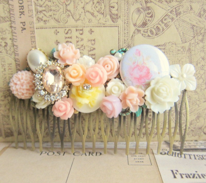 Hair Comb Wedding Hair Comb Bridesmaids Haircomb Bride Bridal Shabby Chic Pink Cream Yellow White Ivory Shabby Chic Spring Garden Tea Party