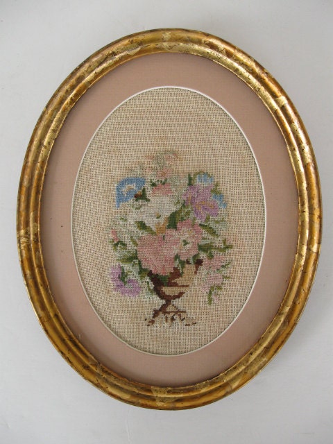 Vintage Framed Needlepoint Early 1800s Petit Point Urn Flowers Oval Gold Leaf Frame