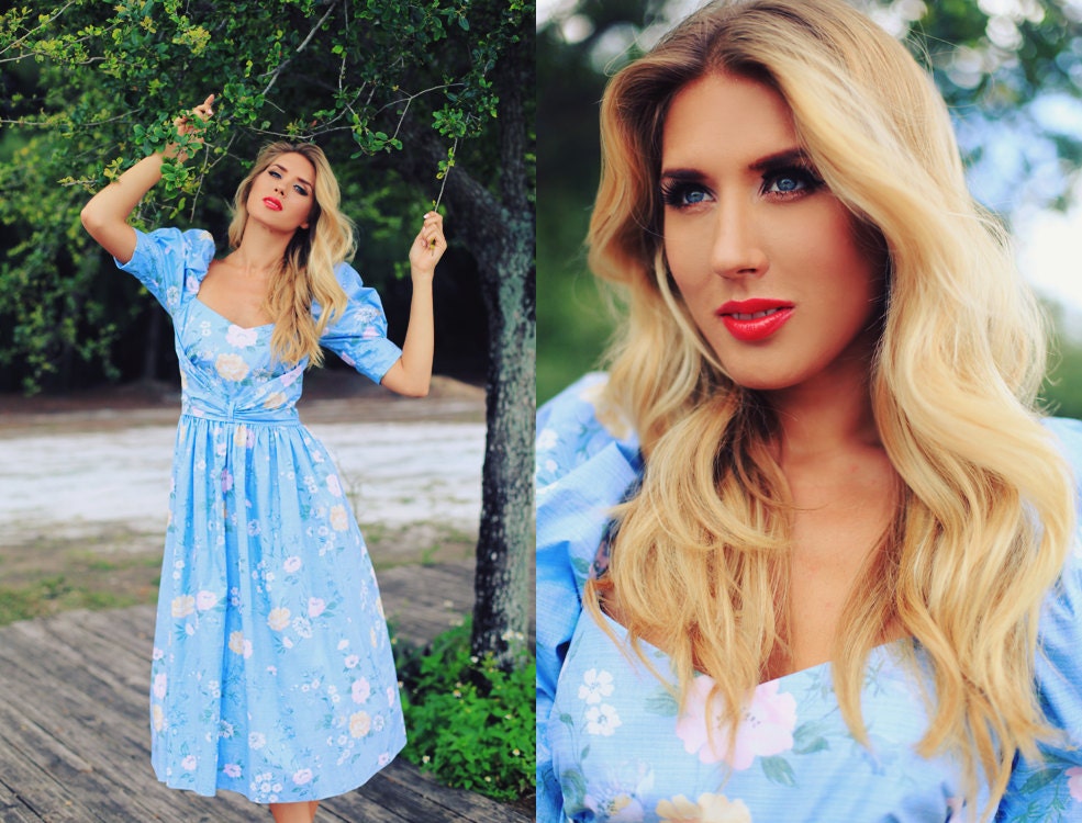 1950s Pastel Blue Rose Garden Dress DEADSTOCK