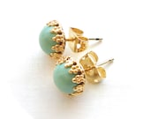 Mint Stud Earrings - Small Simple Sea Foam Green Post Earrings - Gold Bezel - Handmade Jewelry