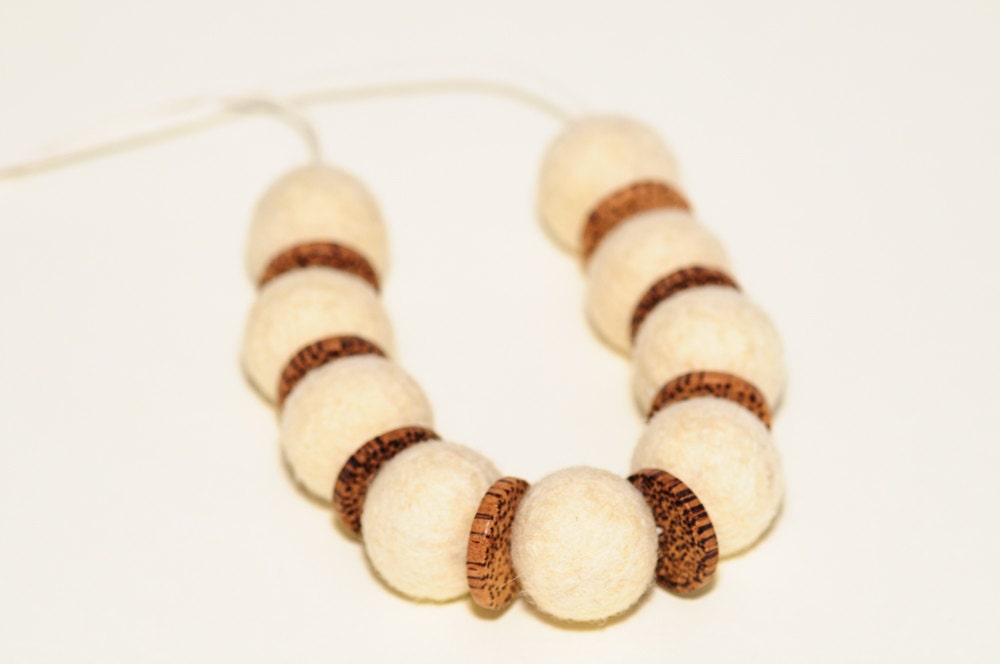 Beadwork Statement Felted Necklace Winter Creamy White Felt Bead Jewelry Mother Day Gift