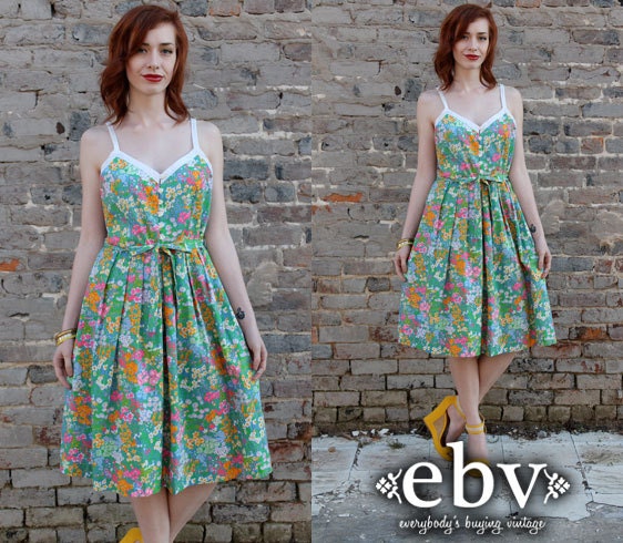 Vintage 70s Floral Sun Dress M L