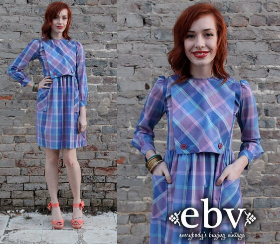 Vintage 70's Blue Plaid Babydoll Mini Dress S M