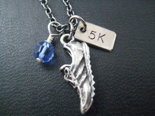 RUN 5K with Race Month Crystal Charm - 5k Running Necklace on 18 inch gunmetal chain - Choose Your Race Month Crystal - Running Jewelry