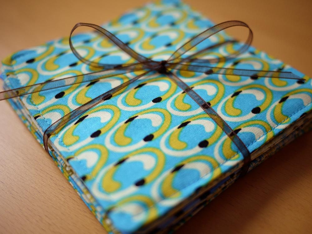 Mid Century Modern Prints Fabric Coasters - Teal/Blue - Set of 6 - Housewarming Gift, Wedding Gift