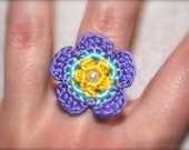 Crochet Daisy Flower Ring, Purple, Yellow and Blue