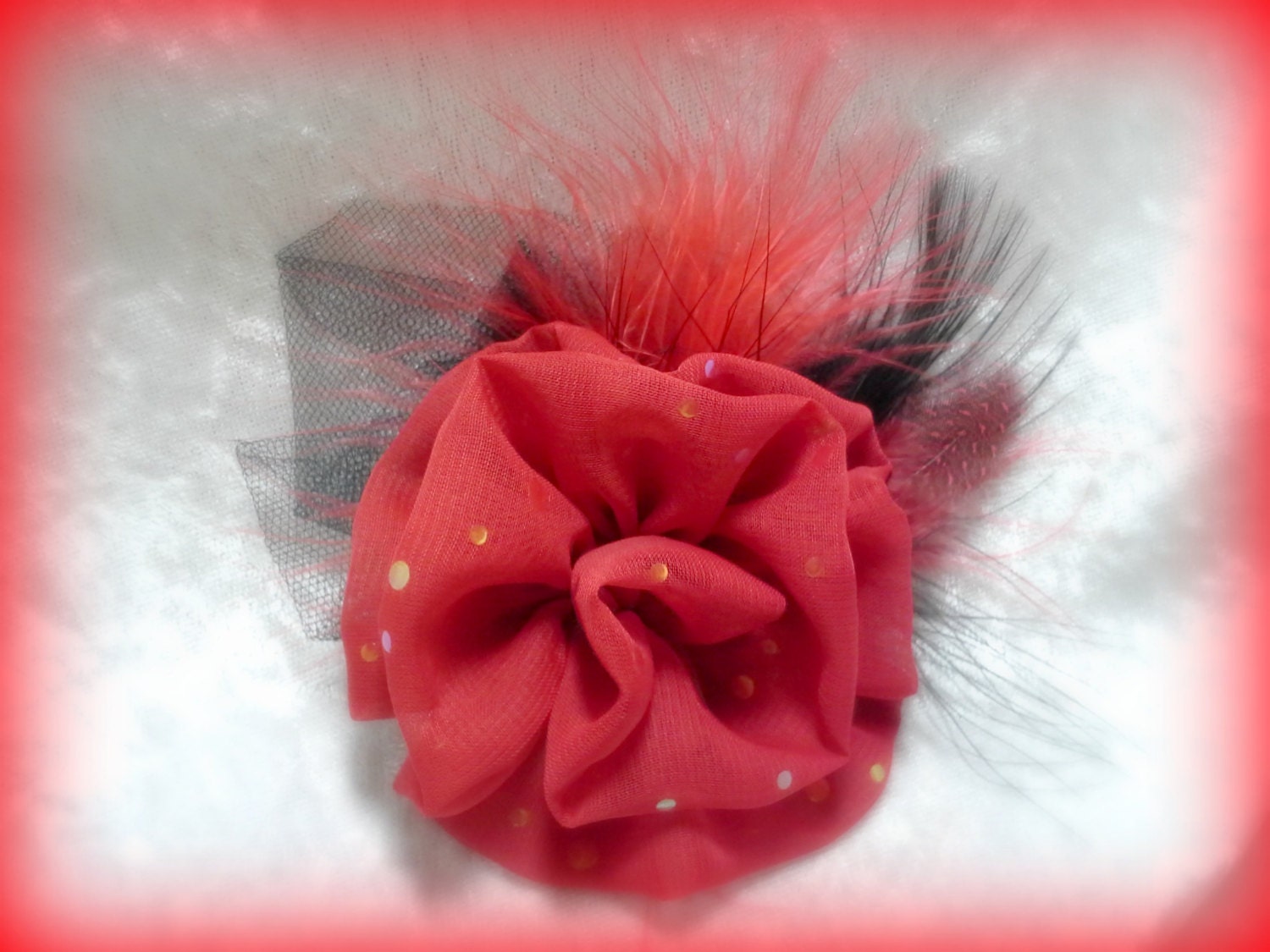 Vine Ripened Red Flower Clip, women's hair clip, red flower clip, feather hair clip, handmade hair clip, hair accessory