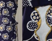 60s-70s dropwaist scooter skirt, culottes, navy blue and gold with scalloped opening and white attached undershorts