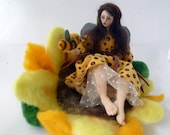 Honeybee art doll cloth fairy needlefelt bee yellow sunflower soft sculpture