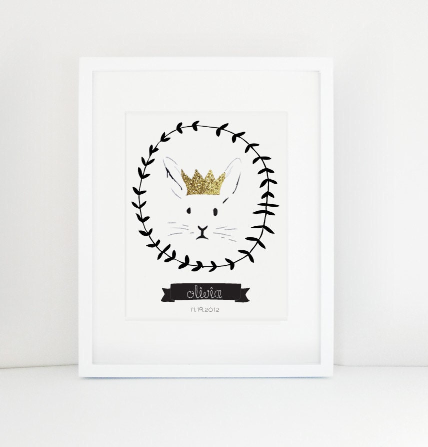 Bunny Nursery art print with GOLD GLITTER crown and leaf border