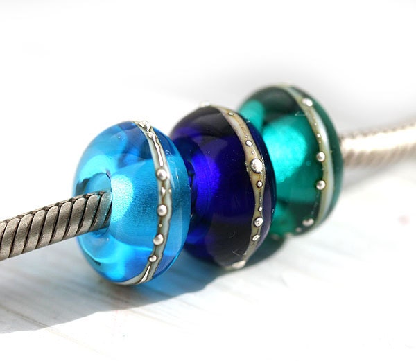 Lampwork Big hole beads Ocean - large hole glass beads in teal, blue, cobalt - for European Charm Bracelets - SRA, by MayaHoney