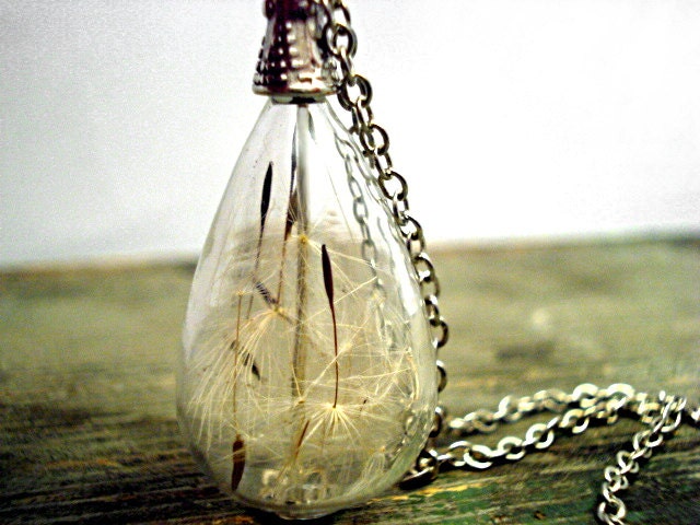 Delicate handblown glass teardrop filled with real dandelion seeds, antique silver colored necklace - VillaSorgenfrei