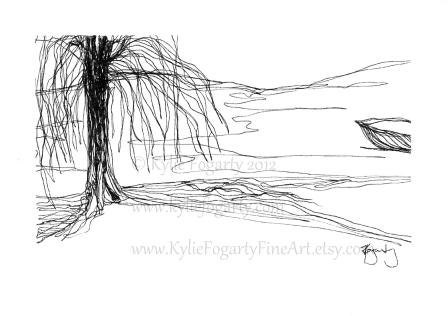 Black and White Ink Drawing - Abstract - Pen and Ink -Original - Line Art - Rain - Cave - Boat - Tree - Landscape - Fantasty Art