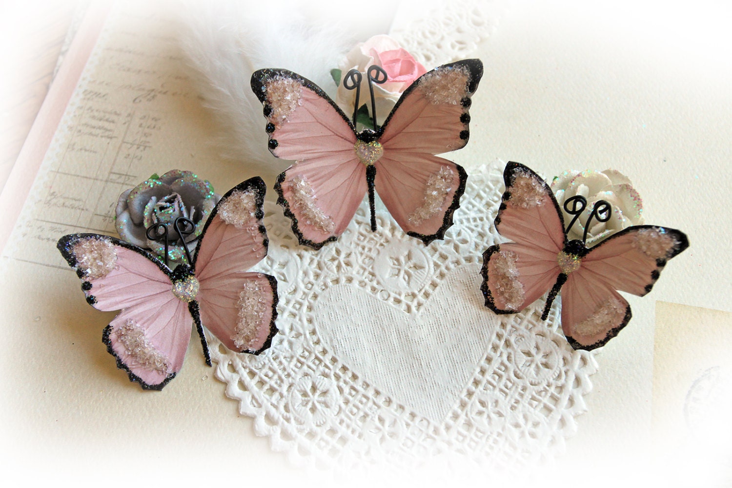 Butterfly Set Sweetheart Glitter Glass Butterflies Scrapbook Embellishment Tag, Card, Mini Album, Wedding