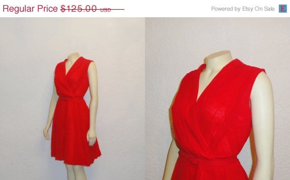 SALE Vintage Dress Rockabilly 50s 60s Red Crepe A Line Dress V Neck Belted Metal Zipper Modern Medium