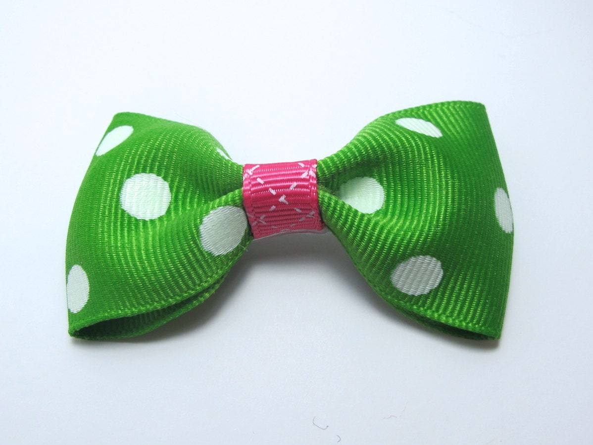 Green and Pink Hair Bow Clip -  Polka Dot Bow Barrette - Hair Bow Clippie - Alligator Clip Hair Bow - Bow Clip - Bow Hair Clip - Ribbon Bow