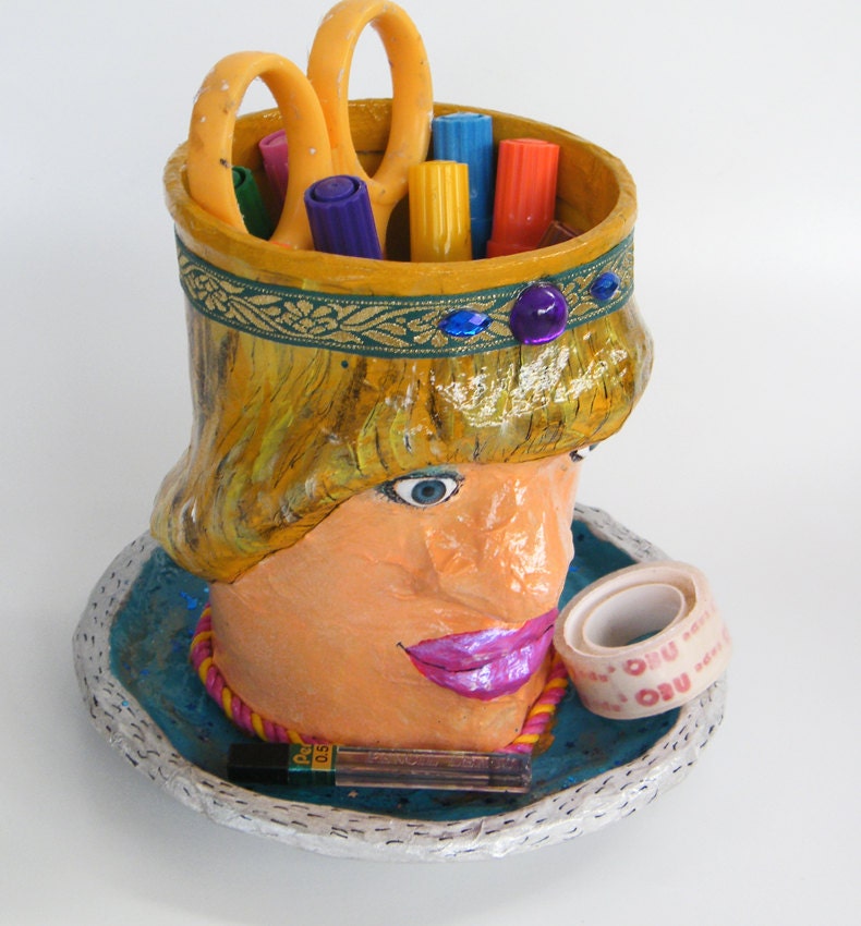 Pencil holder desk organizer, Princess decor pencil cup, desk accessories, Upcycled storage bin