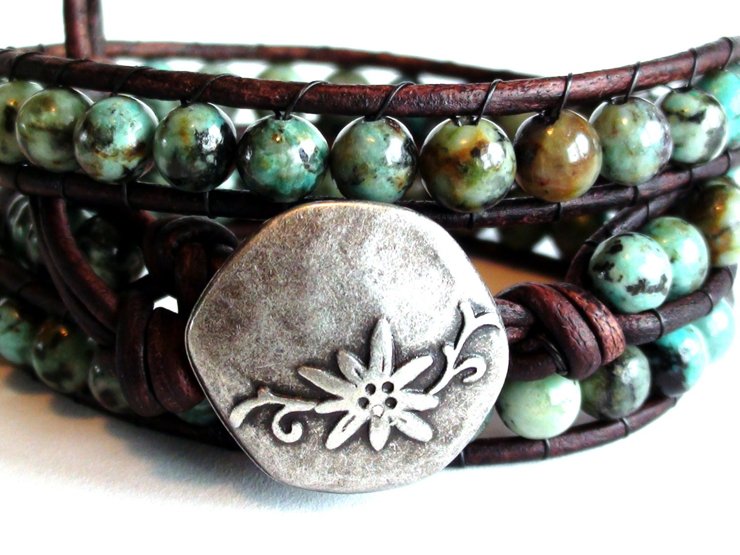 African Turquoise Leather Triple Wrap Bracelet