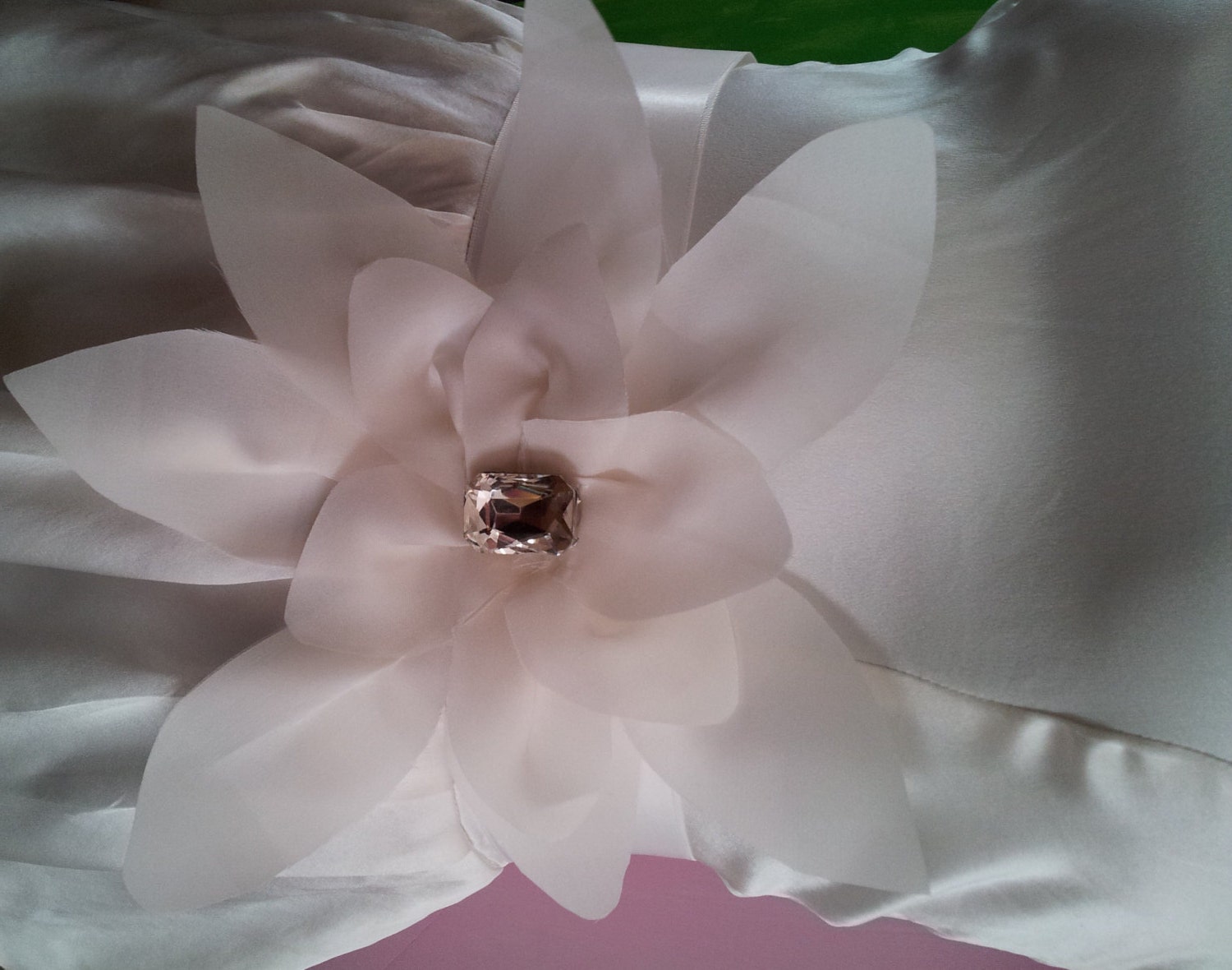 White Satin-Face Silk Organza Flower Sash with Crystal Center- "Ava"