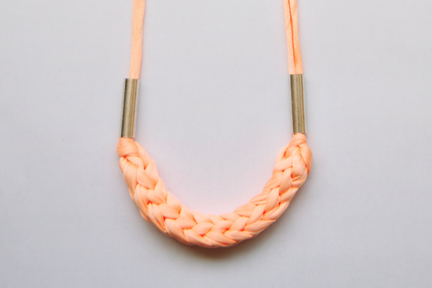 peach pink vintage woven fabric necklace with silver colored tubes, adjustable length, ONE AVAILABLE