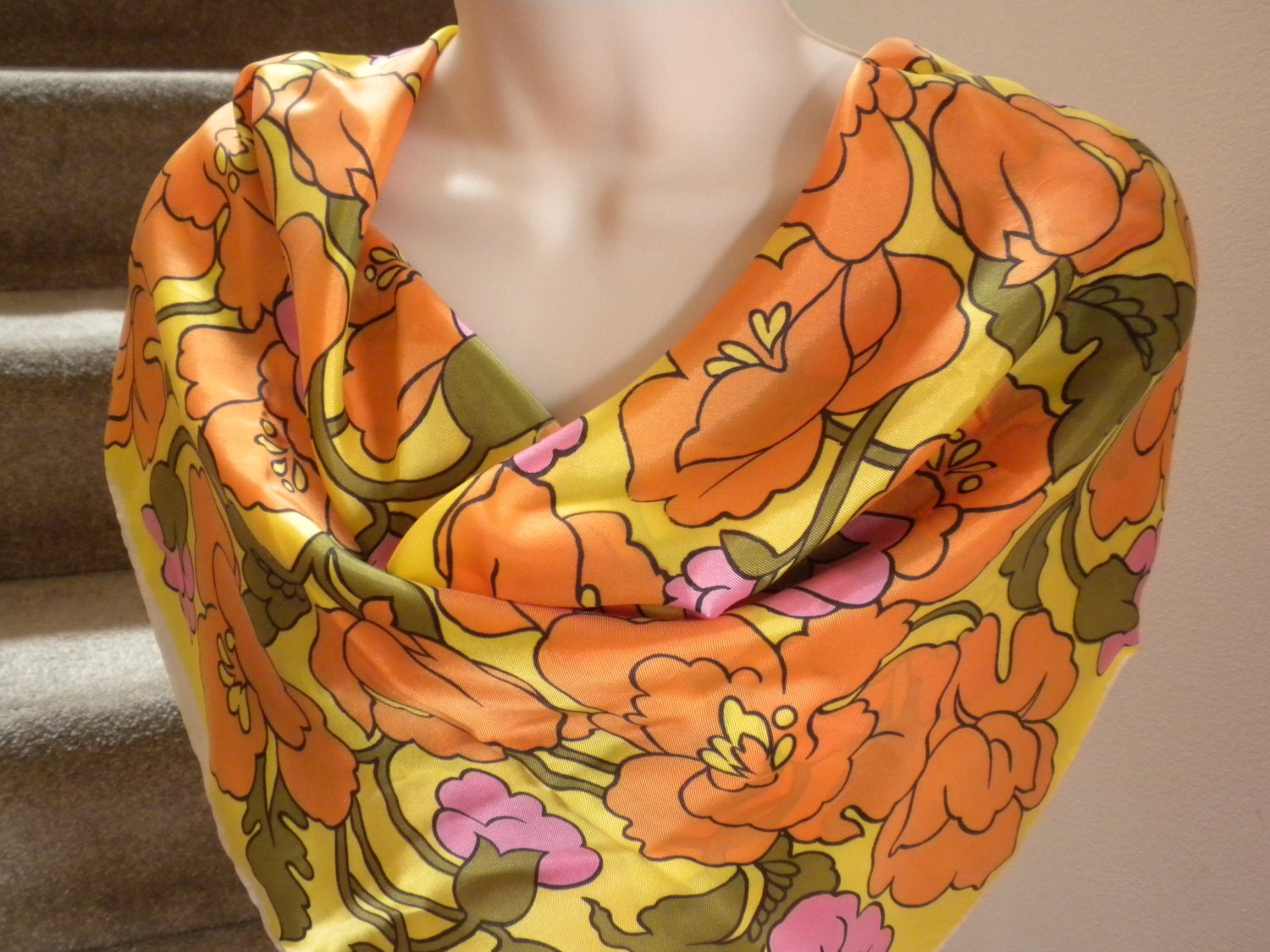 vintage scarf, accessory, orange pink yellow floral vintage scarf