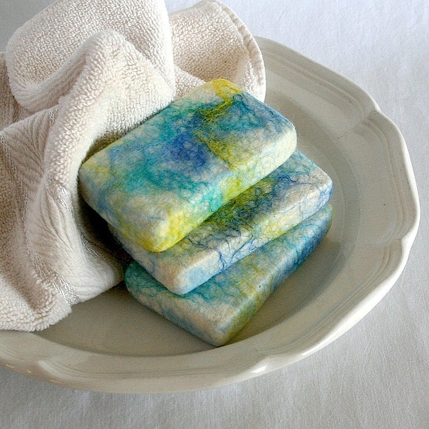 Felted Soap, Olive Oil Soap, Caribbean Pineapple Scent, Cocoa Butter Soap, Blue Yellow Soap, Handmade Soap, Cold Process Soap, FREE SHIPPING