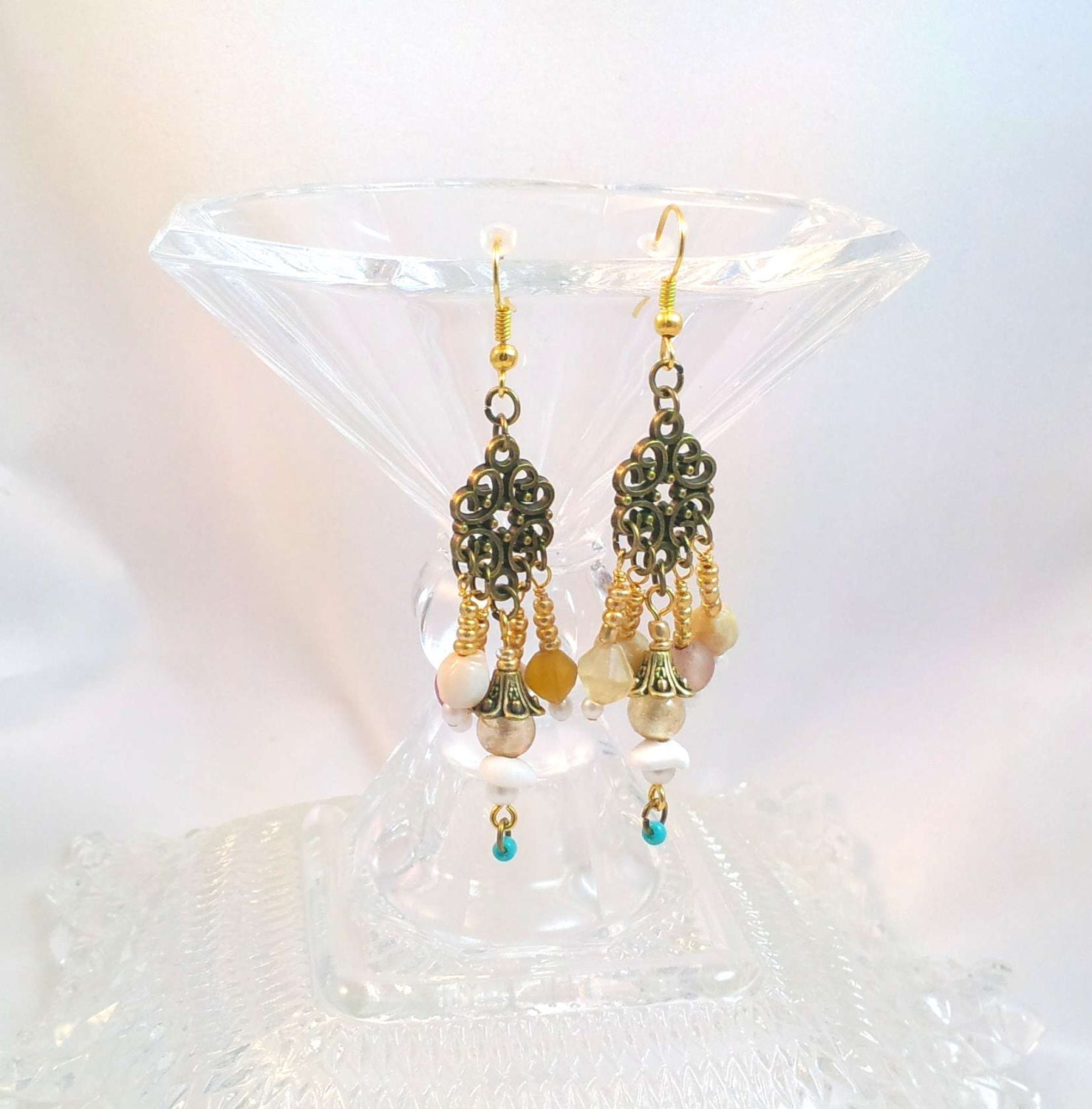 Handmade One of a Kind Romantic Dangle Earrings Antique-Bronze Charm with Shell, Turquoise Glass and Seed Bead Gold Plate Ear Wire,