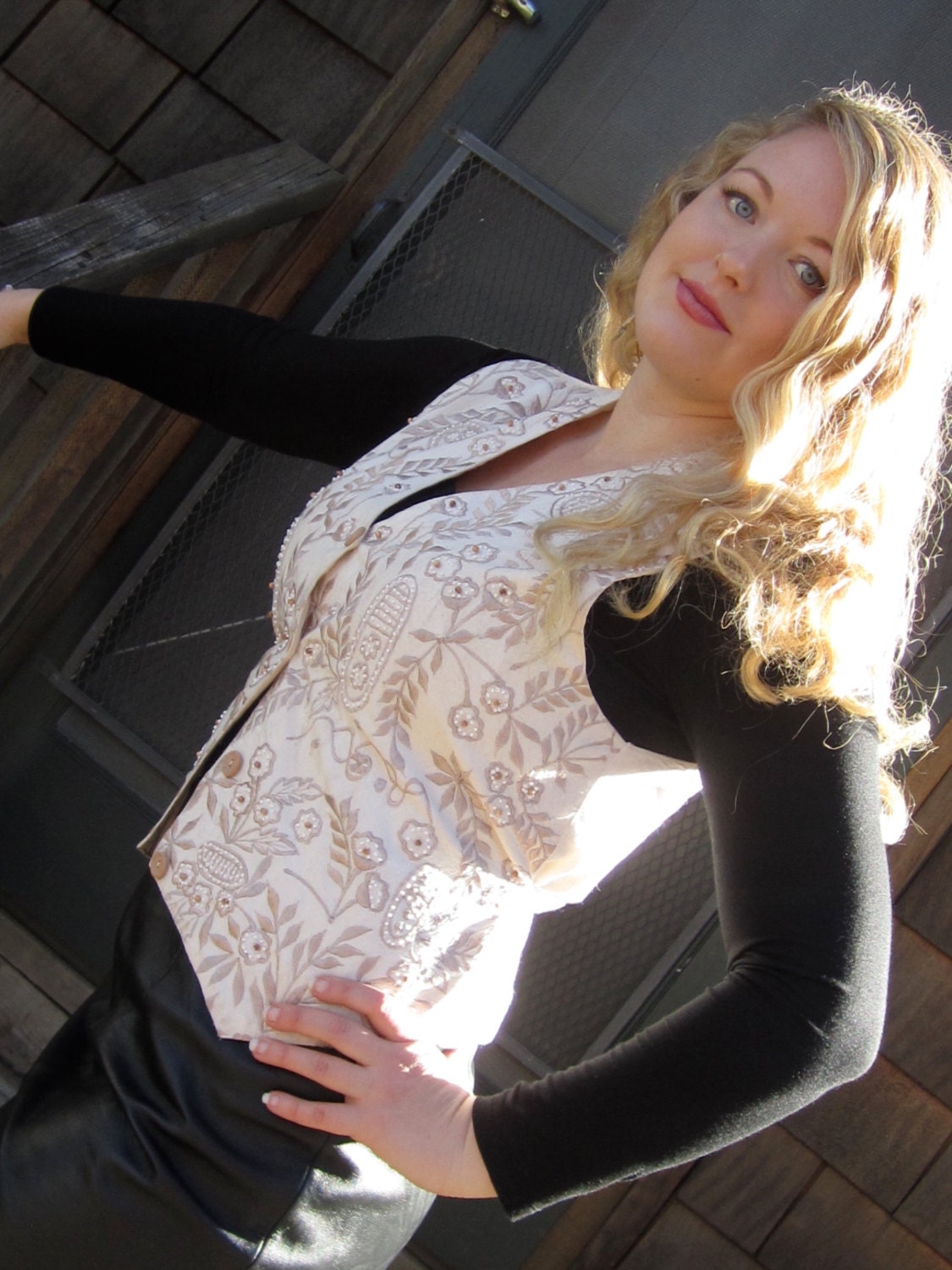 80s Boho Embroidered Vest Neutrals on off white wood bead accents  Free Shipping