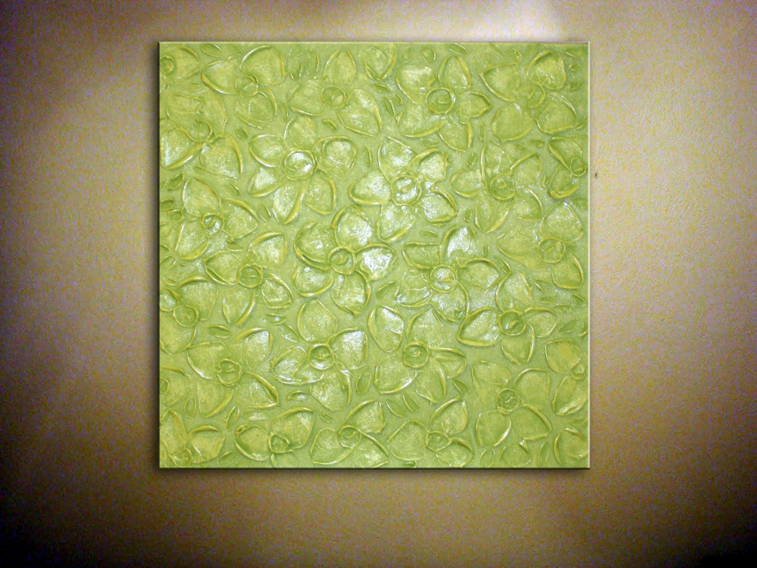Original Modern Abstract Heavy Textured Metallic Painting on Canvas.Palette Knife.Green Flowers.Ready to hang....- by Nata S.