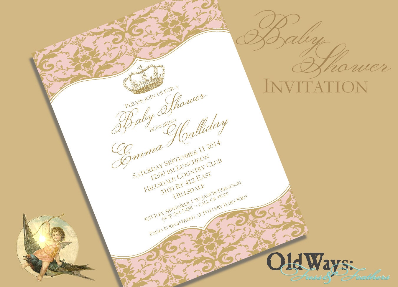 Princess Baby Girl Shower Invitation Pink and Gold Vintage Damask - Printable Custom Invite DIY 5x7 or 4x6 Digital JPEG PDF Files