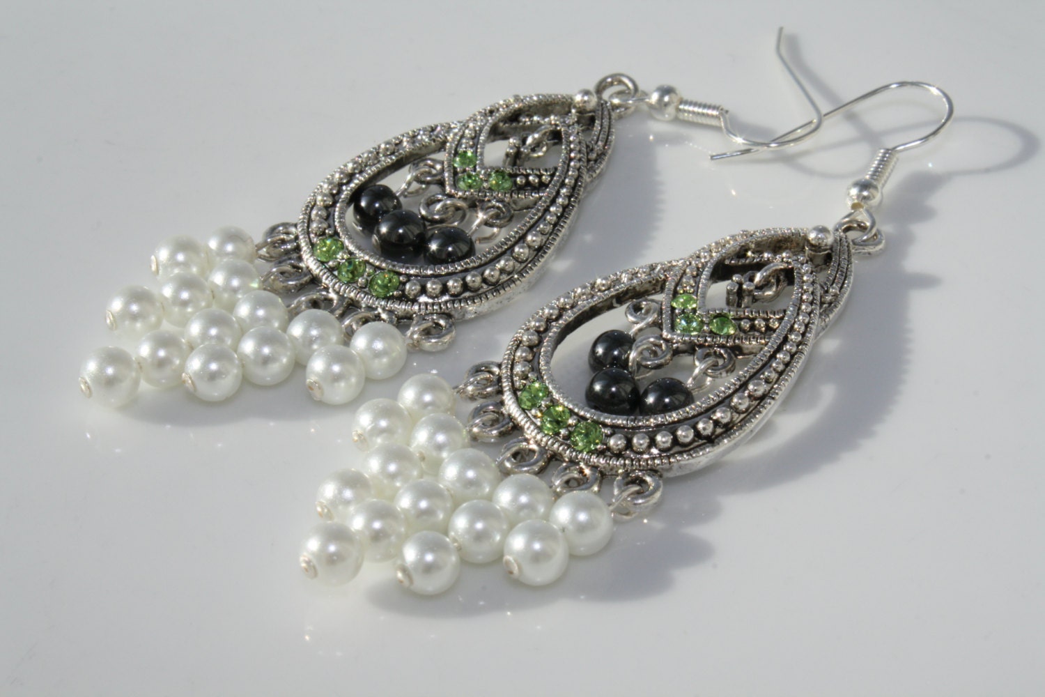 Silver Color Chandelier Earrings with Green Crystals, Metallic Hematite Beads, and White Pearl Beads