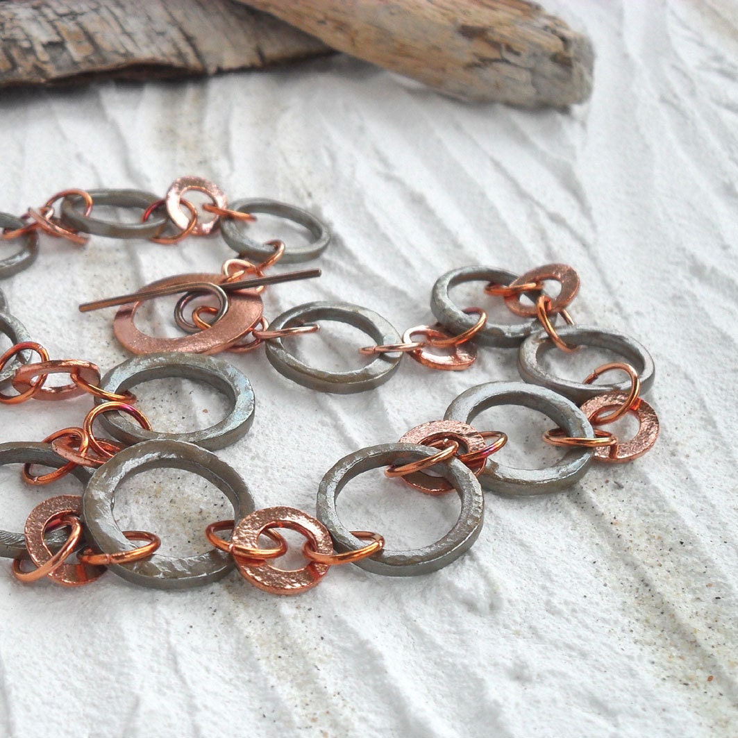 Copper Bronze Chain Necklace Rustic Chainmaille Jewelry Handmade Chunky Statement Circle Necklace Multicolor Unique Jewellery OOAK Shiny
