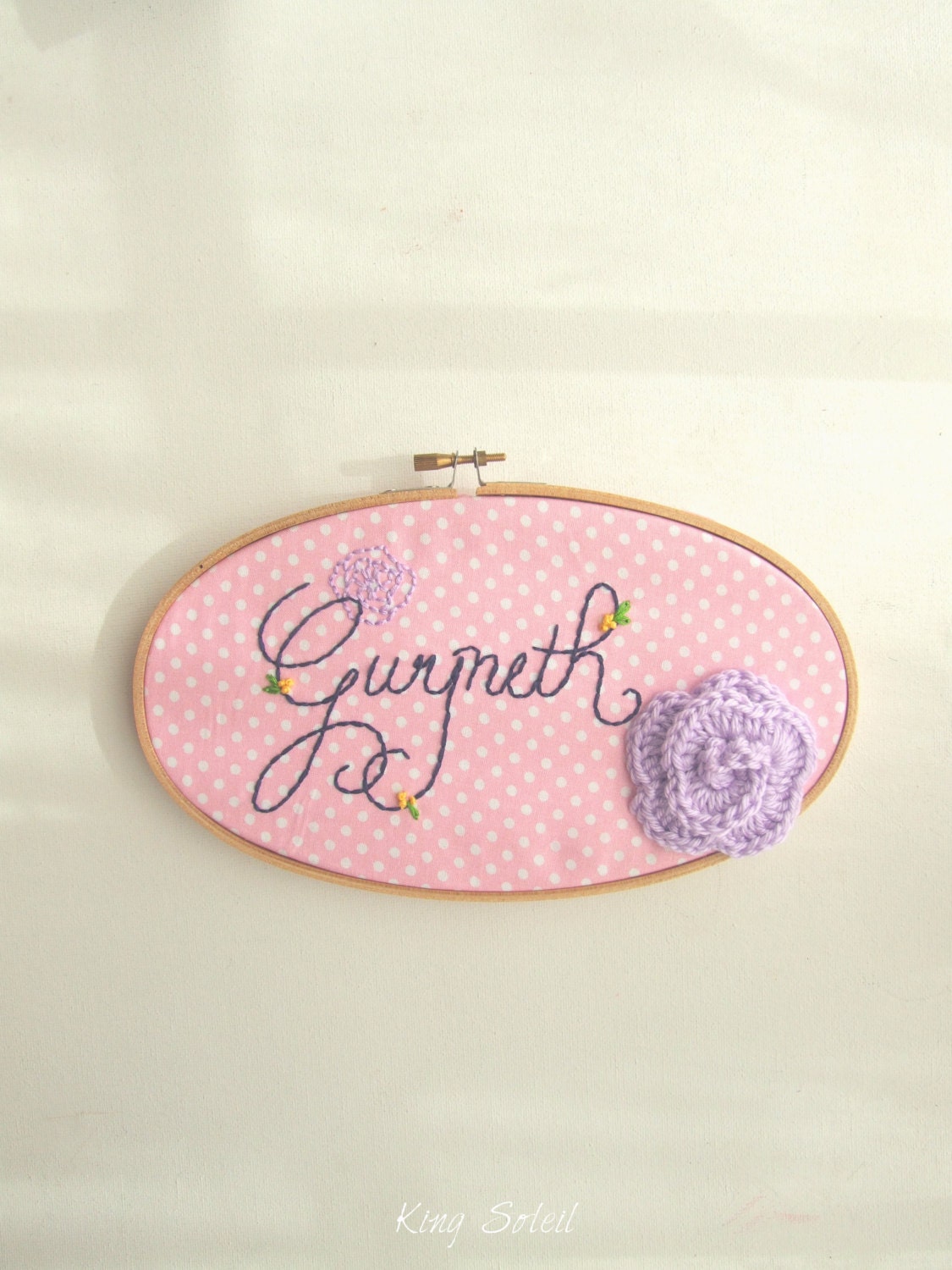Custom Nursery Art Personalized Name Rose Polka Dot Embroidery Hoop Wall Art Girl Shabby Chic Room Decor Pink and Purple