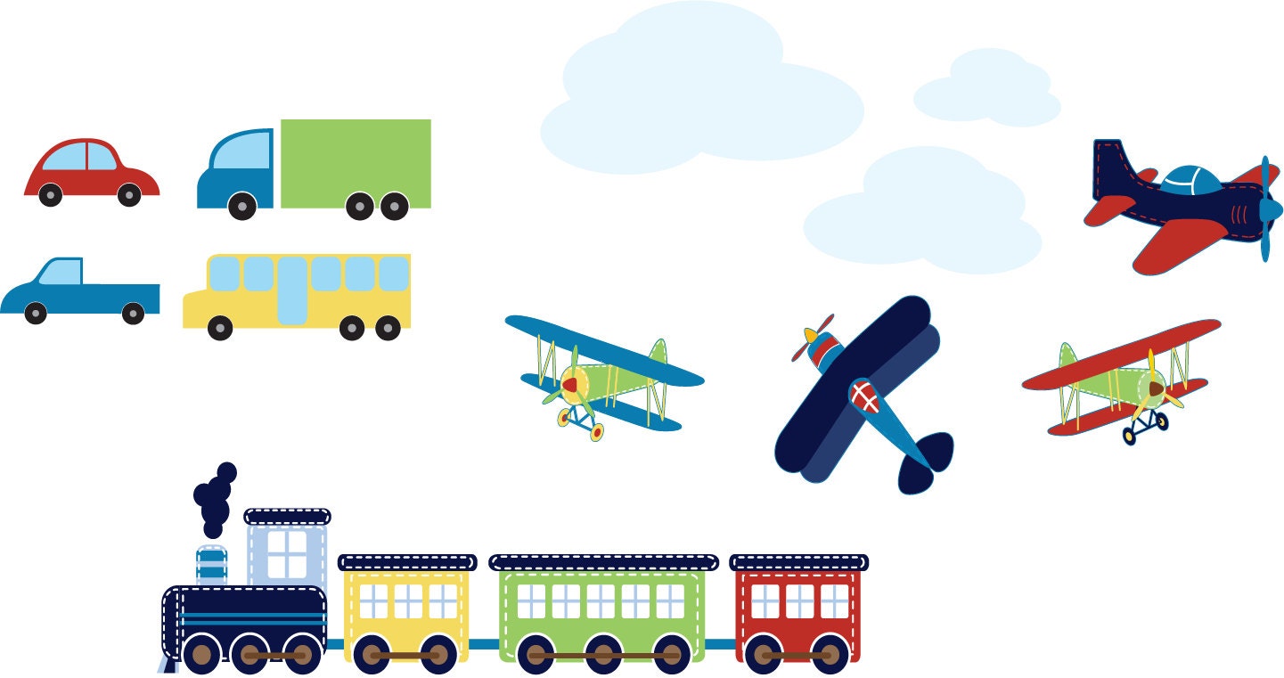 Kids Train with cars truck bus planes clouds set vinyl wall decal cute for any nursery or boys room