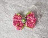 Rosette Hair Bow - Hot Pink and Lime Green Ribbon with Rhinestone Center - Includes White Lace Headband