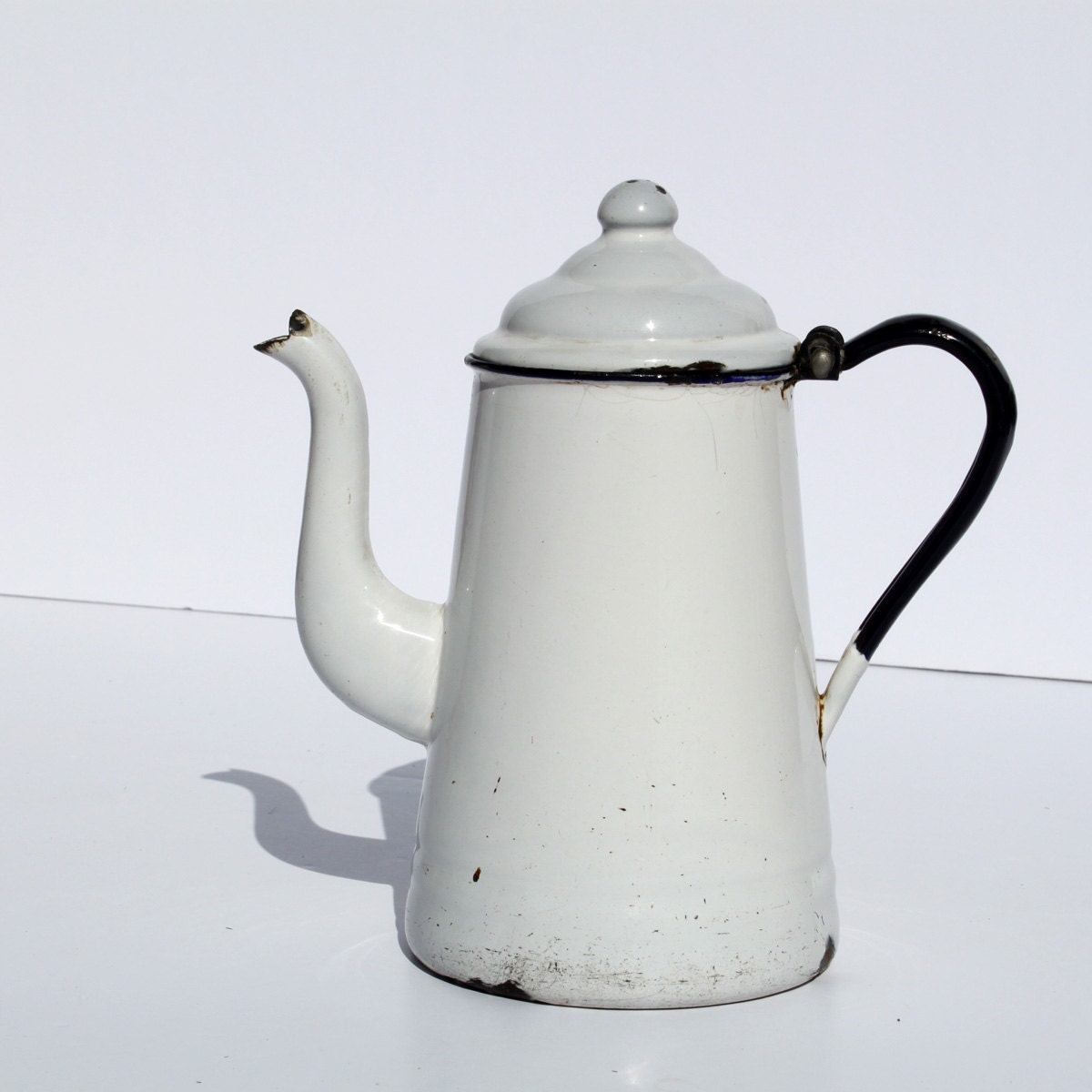 White Enamel Coffee Pot, French Style Goose Neck Coffeepot