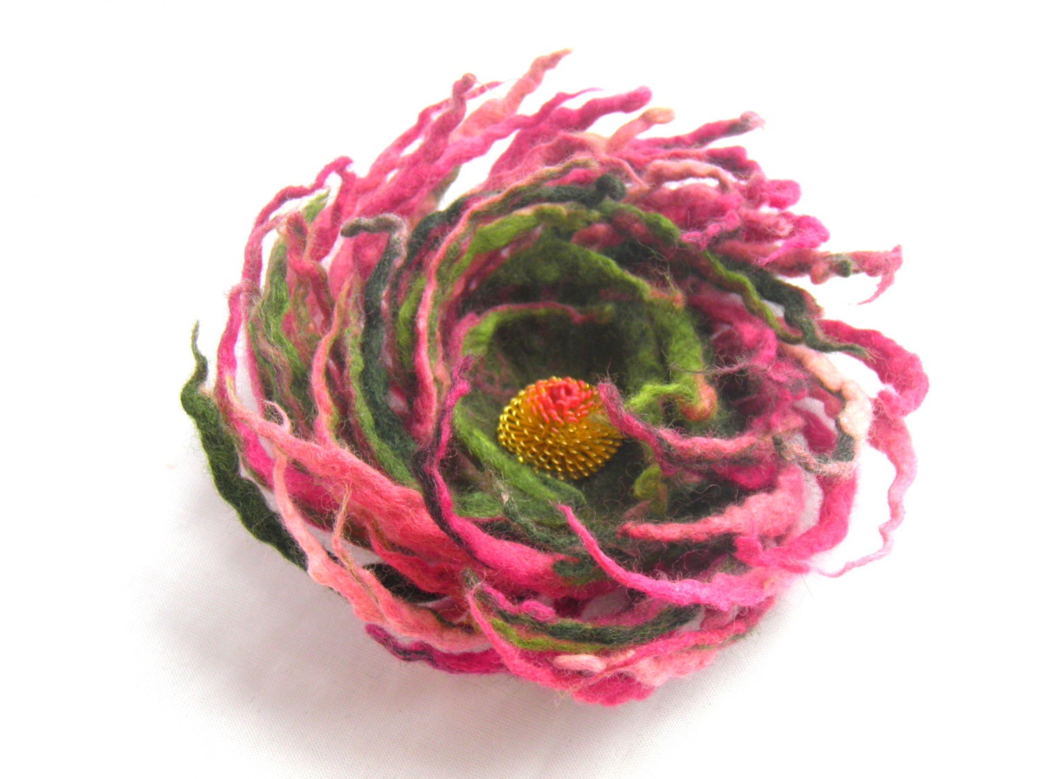 Felt flower brooch Pink Green, /Wool Felt Jewelry/ under 25 USD