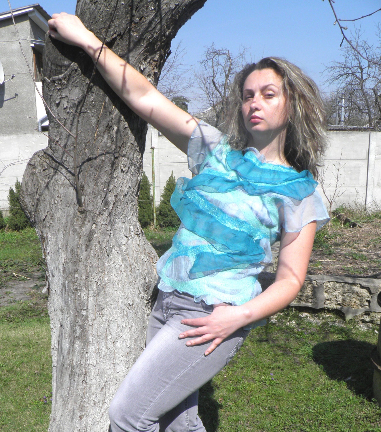Nuno felted tunic /Felt Nunofelting/ Wool Silk/ Felted Art/ hand dyed nunofelting/ S or M size