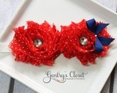 Baby Girl Headbands. Fourth of July. Patriotic, Red, White and Blue. Glitter Headband with Shabby Flowers, Bow and Rhinestones. Newborn.