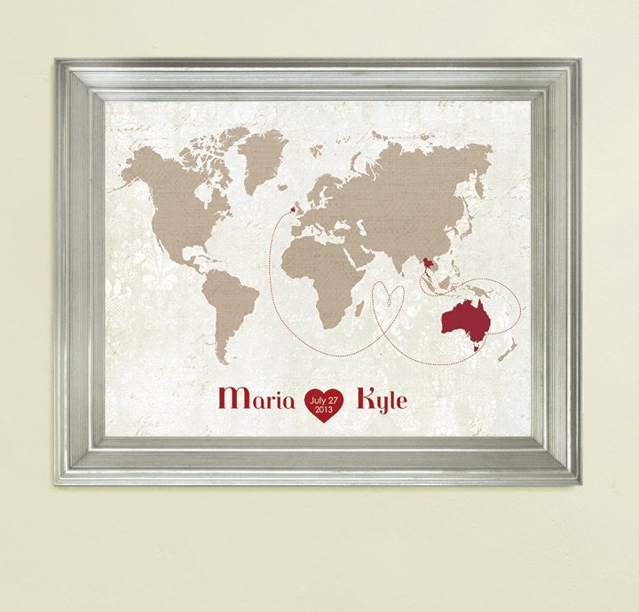 Wedding Map World Vintage Style Customized Colors - 12x18 Art Print
