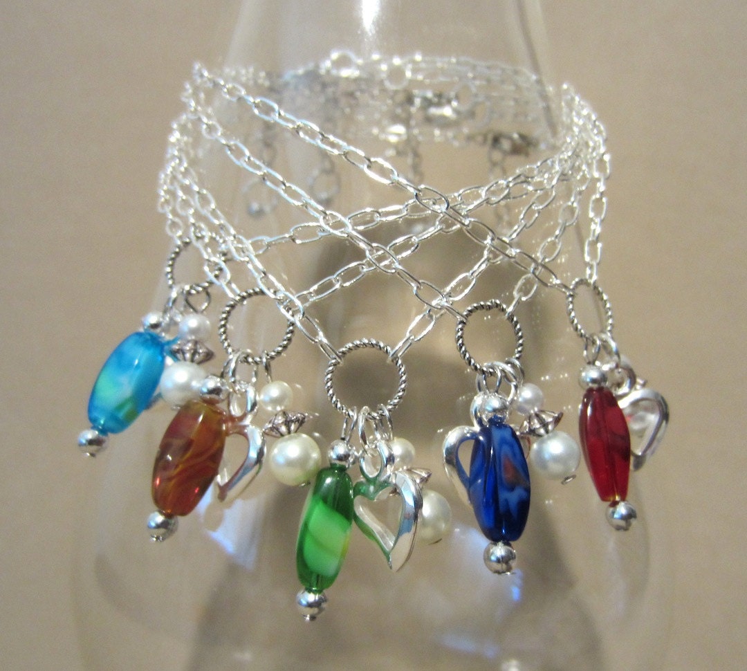 Handmade Silver Open Heart, Aqua Glass Twist Bead & Pearl Charms Anklet Fashion Jewelry Multicolor Summer Fun