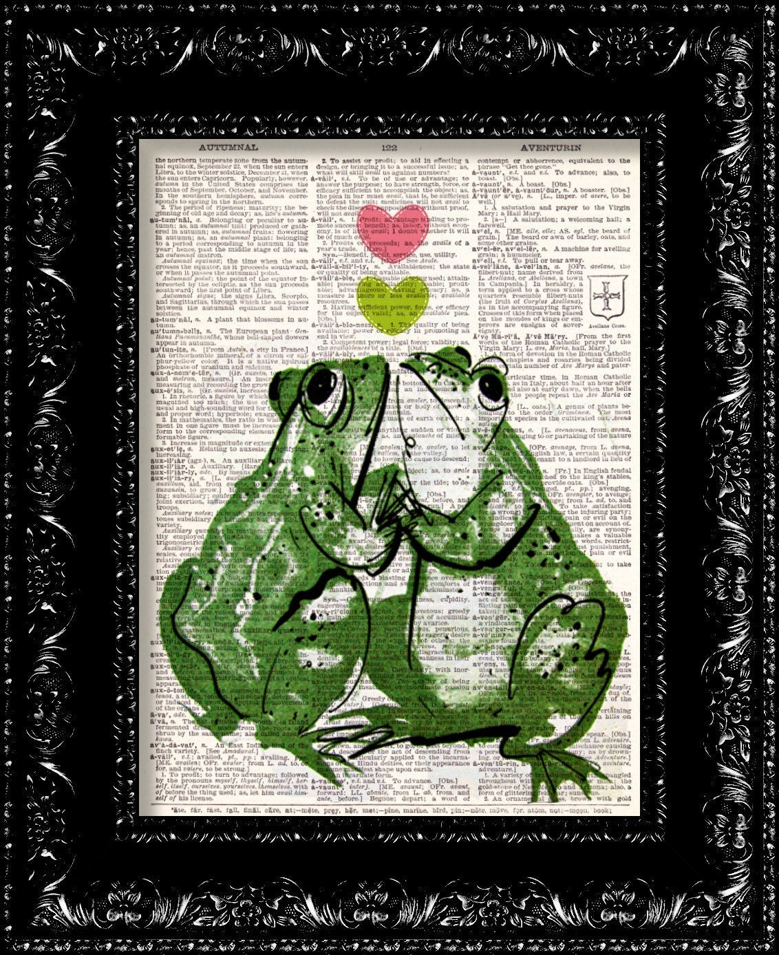 Valentines Day Love Frog Couple - Vintage Dictionary Print Vintage Book Print Page Art Upcycled Vintage Book Art