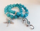 Turquoise Seahorse and Starfish Agate Beads Stretch Beaded Bracelet
